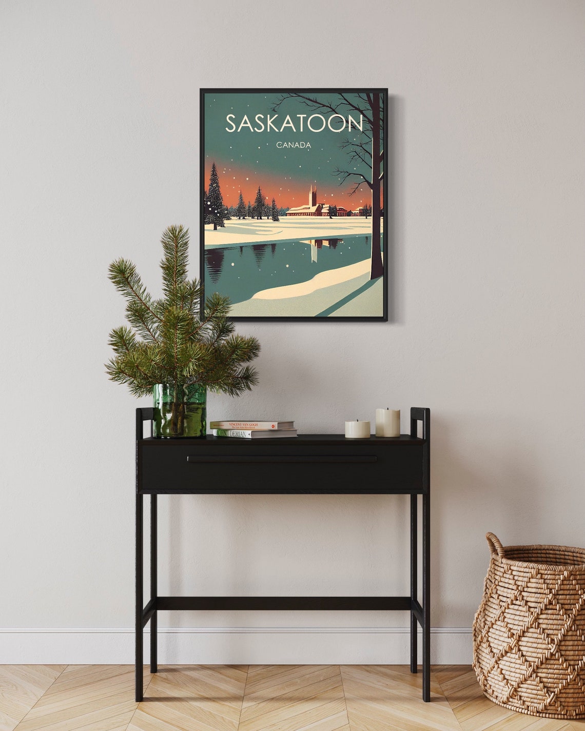 Saskatoon Canada Winter Snowfall River Reflection Retro Travel Poster - Image 3