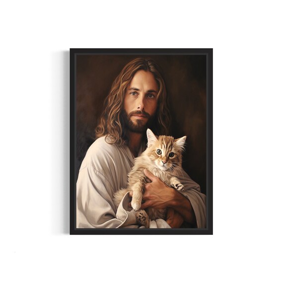 Jesus Christ Gently Holding a Fluffy Orange Tabby Cat Poster