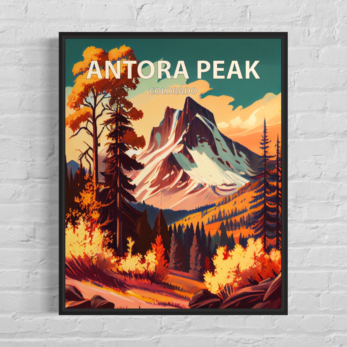 Antora Peak Colorado Teal Sunset Snowy Summit Travel Art Poster