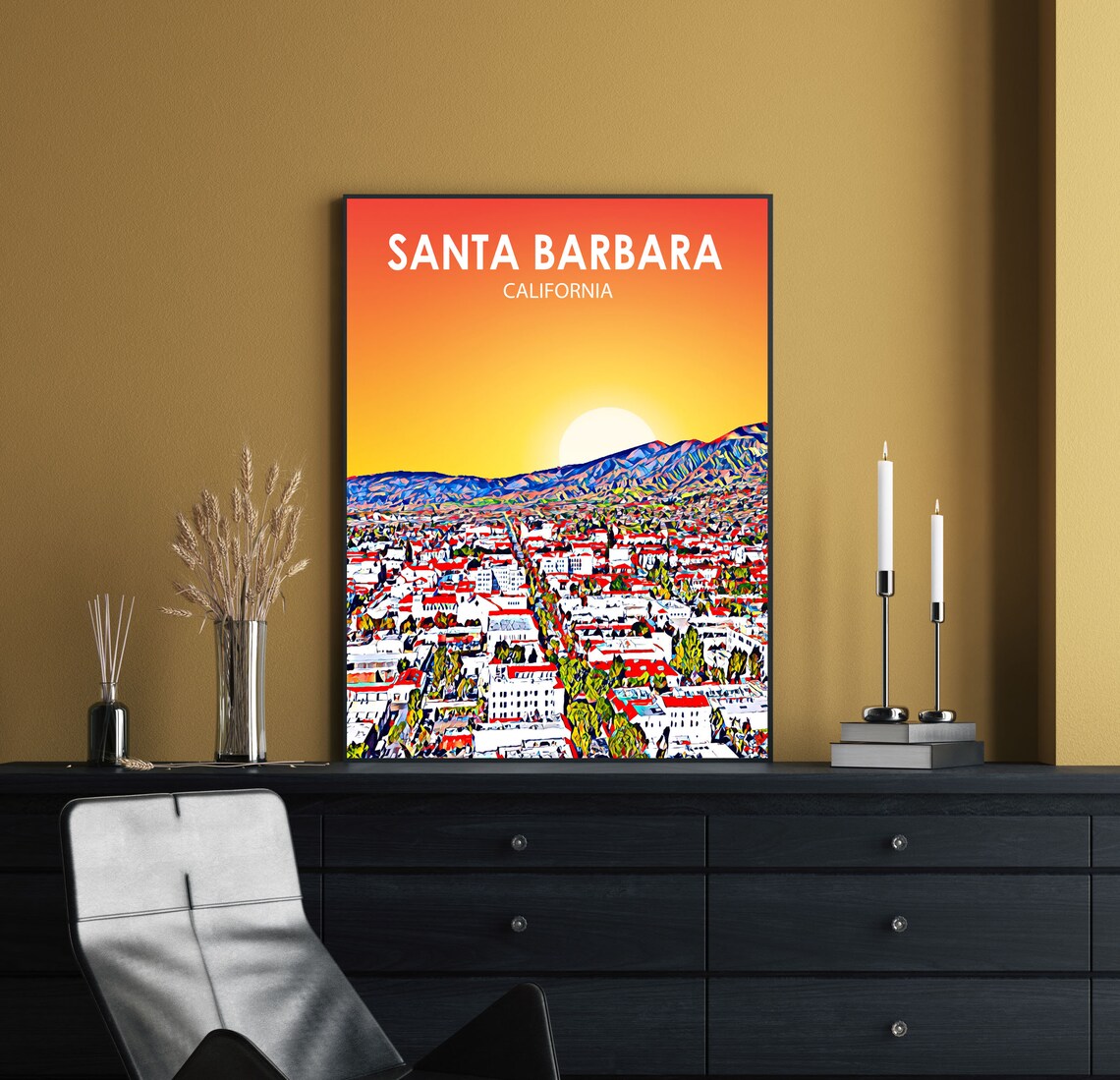 Santa Barbara California Sunset Red Tile Town Painted View Poster - Image 2