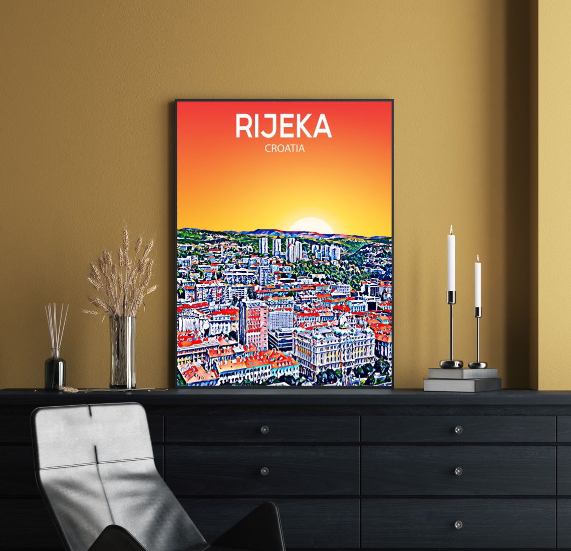Rijeka Croatia Sunset Cityscape Red Rooftops Adriatic Art Poster - Image 2