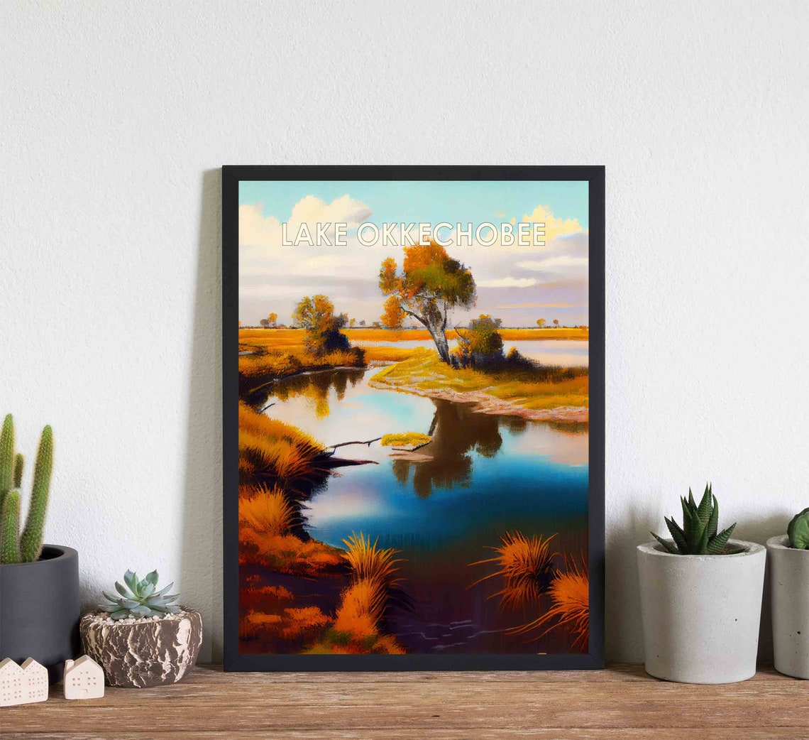 Lake Okeechobee Florida Golden Marsh Sunset Scene Retro Travel Poster - Image 3