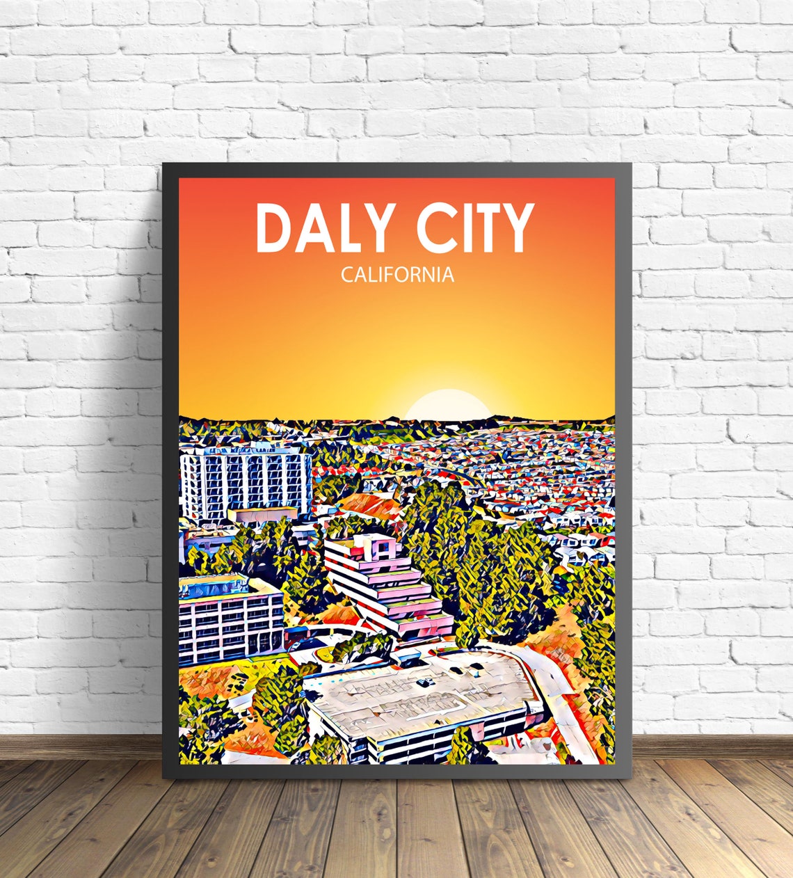 Daly City California Art Poster Sunset Landscape Poster Print Daly City Framed Wall Art United States Colorful Skyline Sketch Photo Decor