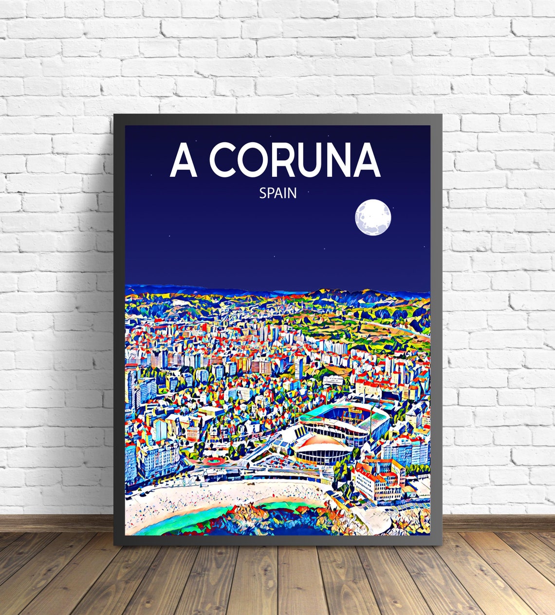 A Coruna Spain Night Skyline Moonlit Coast Sketch Art Poster
