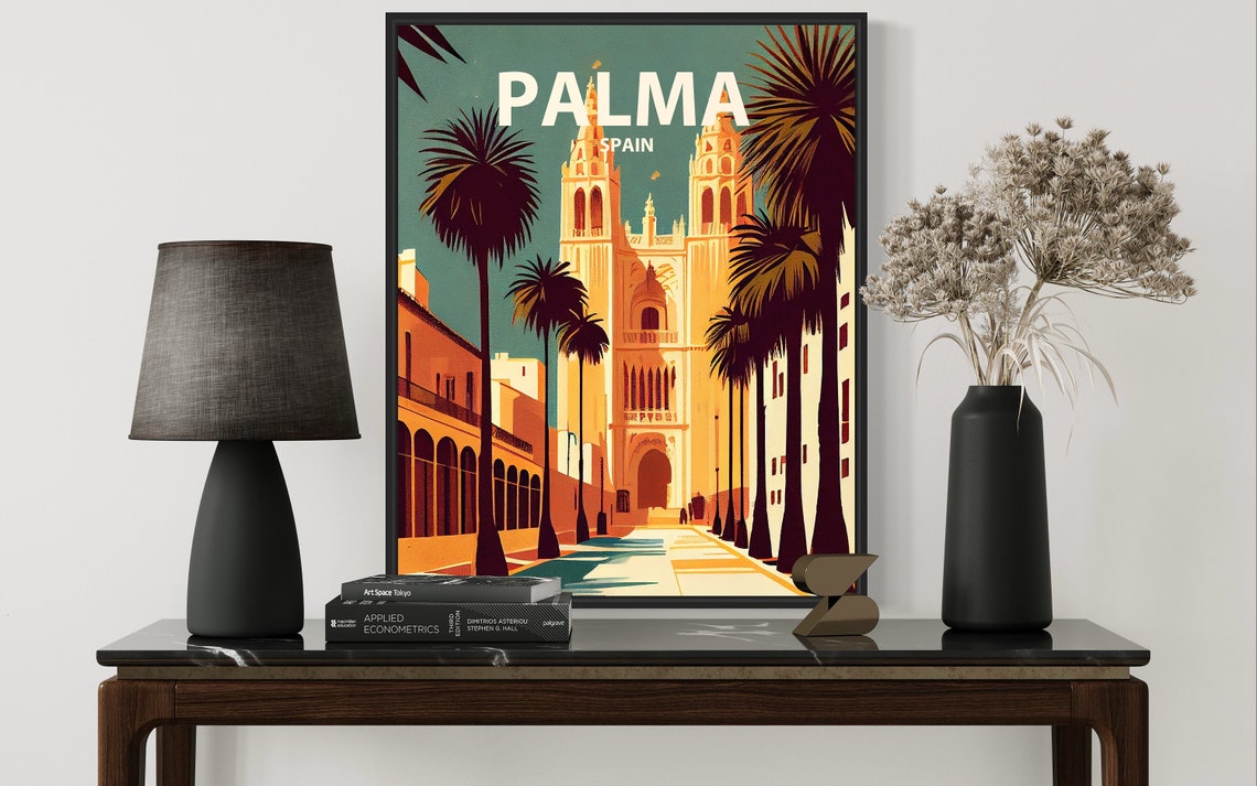 Palma Spain Cathedral Tall Palms Sunlit Avenue Mallorca Travel Poster - Image 3