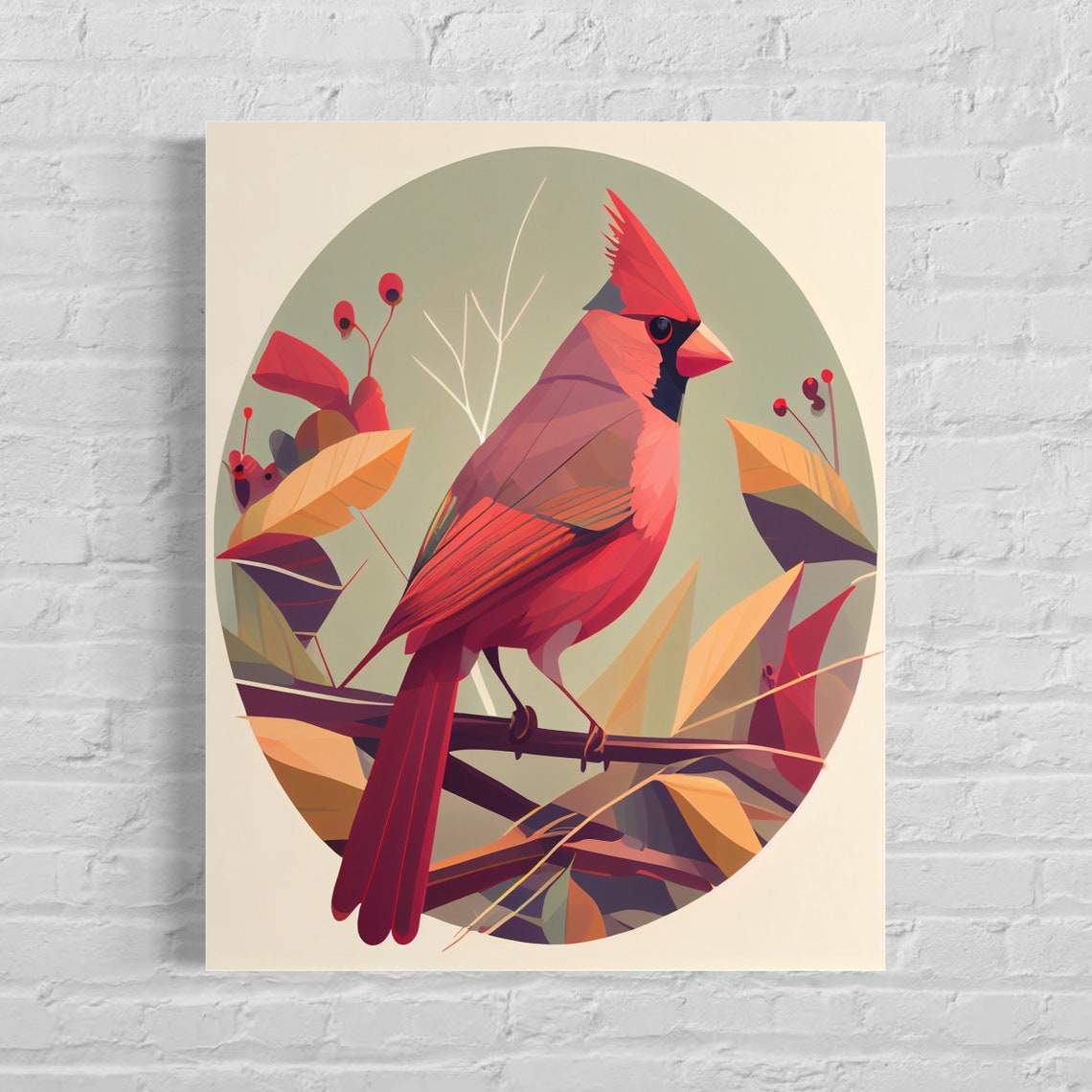 Red Cardinal Bird Perched Among Autumn Leaves Circular Art Print