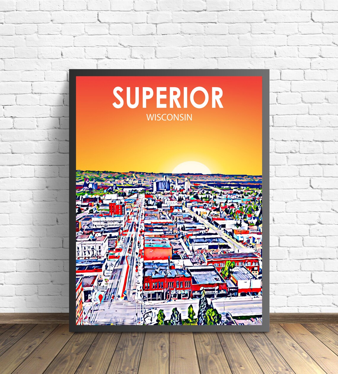 Superior Wisconsin Sunset Aerial City Sketch Downtown Poster
