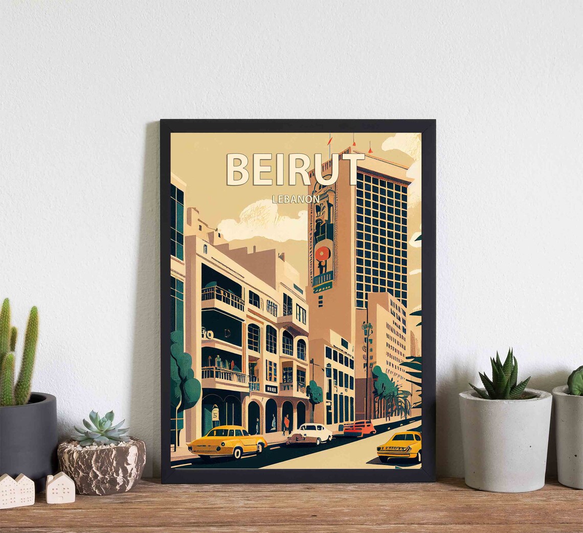 Beirut Lebanon Retro Downtown Street With Yellow Taxis Poster