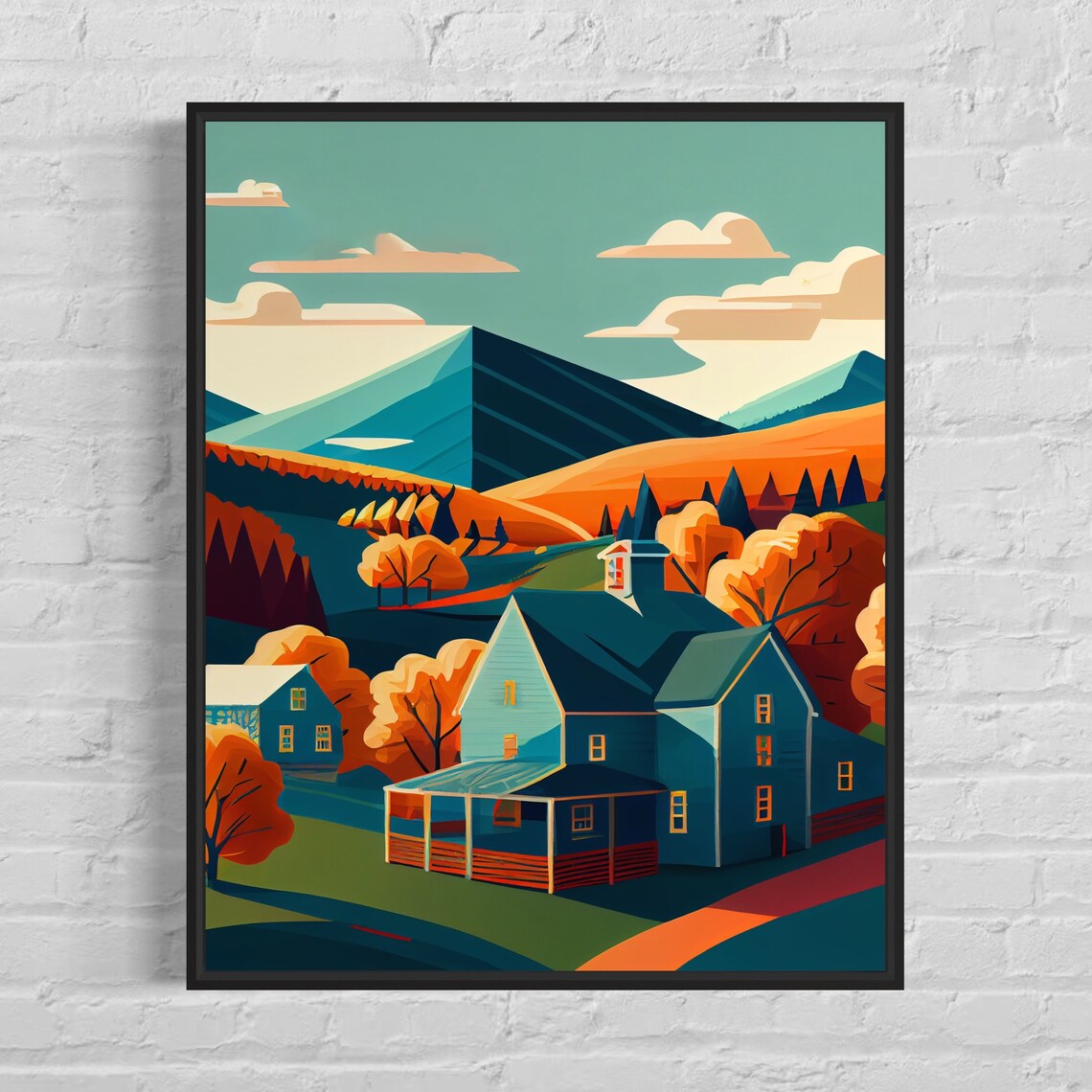 Vermont Autumn Farmhouse with Fall Foliage and Mountains Travel Poster