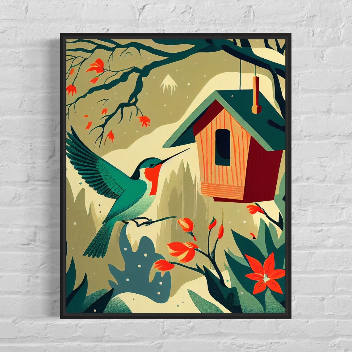 Hummingbird And Birdhouse Retro Art Print Hummingbird And Birdhouse Illustration Hummingbird And Birdhouse Vintage Minimal Design Poster