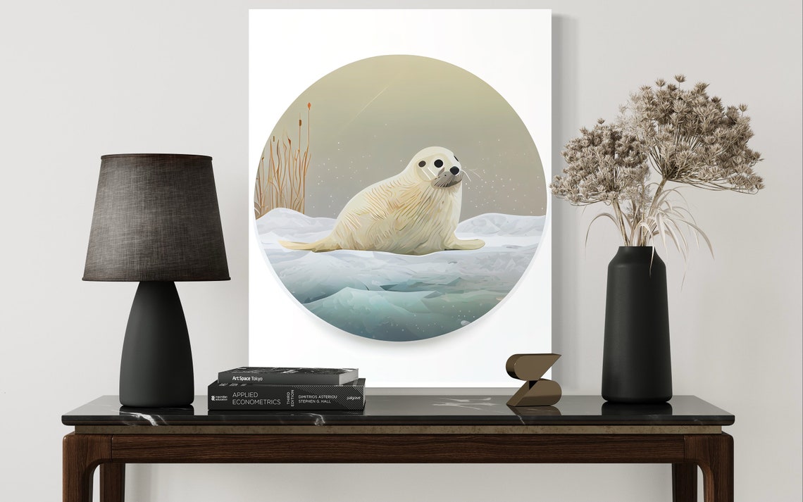 Fluffy Harp Seal Pup on an Ice Floe Arctic Wildlife Art Poster - Image 2