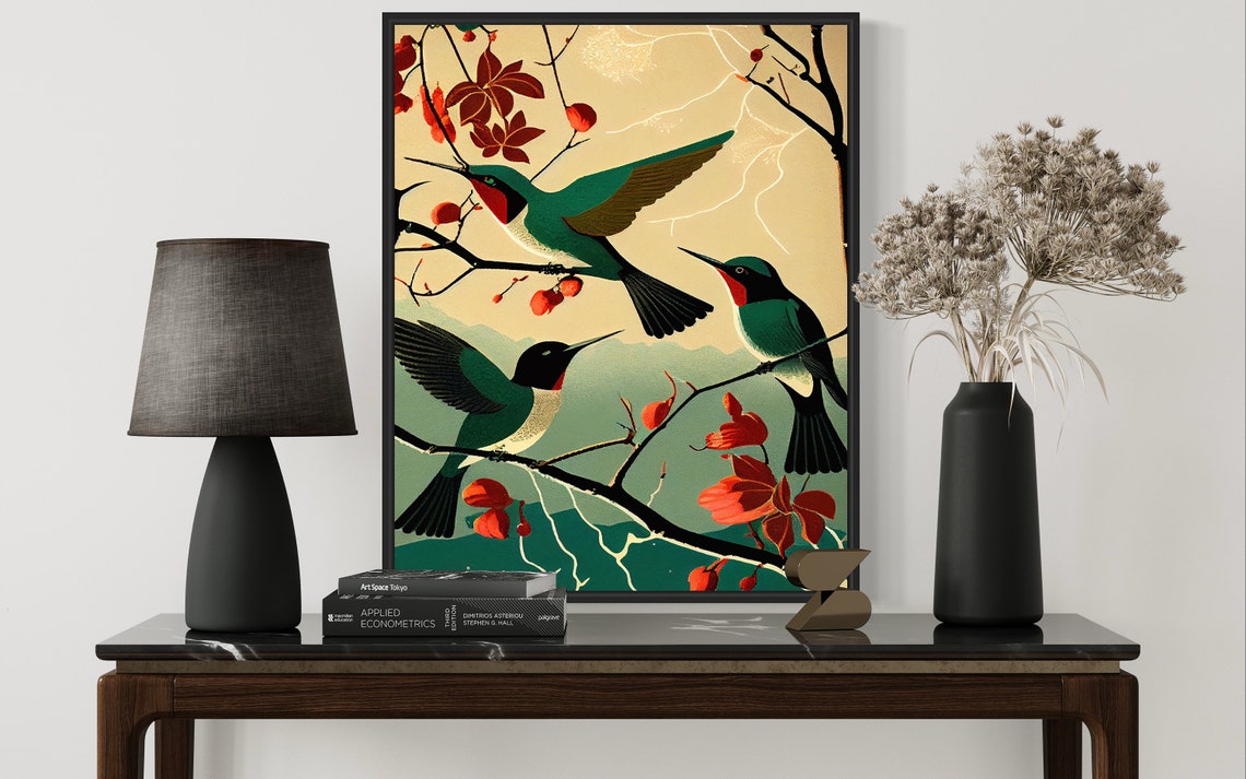 Ruby Throated Hummingbirds Among Red Blossoms Retro Art Poster - Image 2