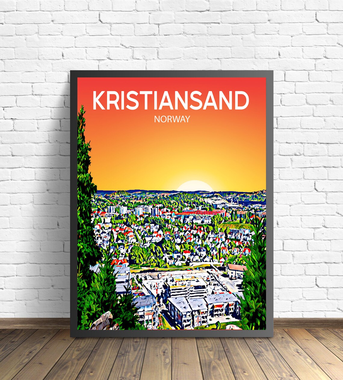 Kristiansand Norway Sunset Skyline Vibrant Cityscape Art Poster
