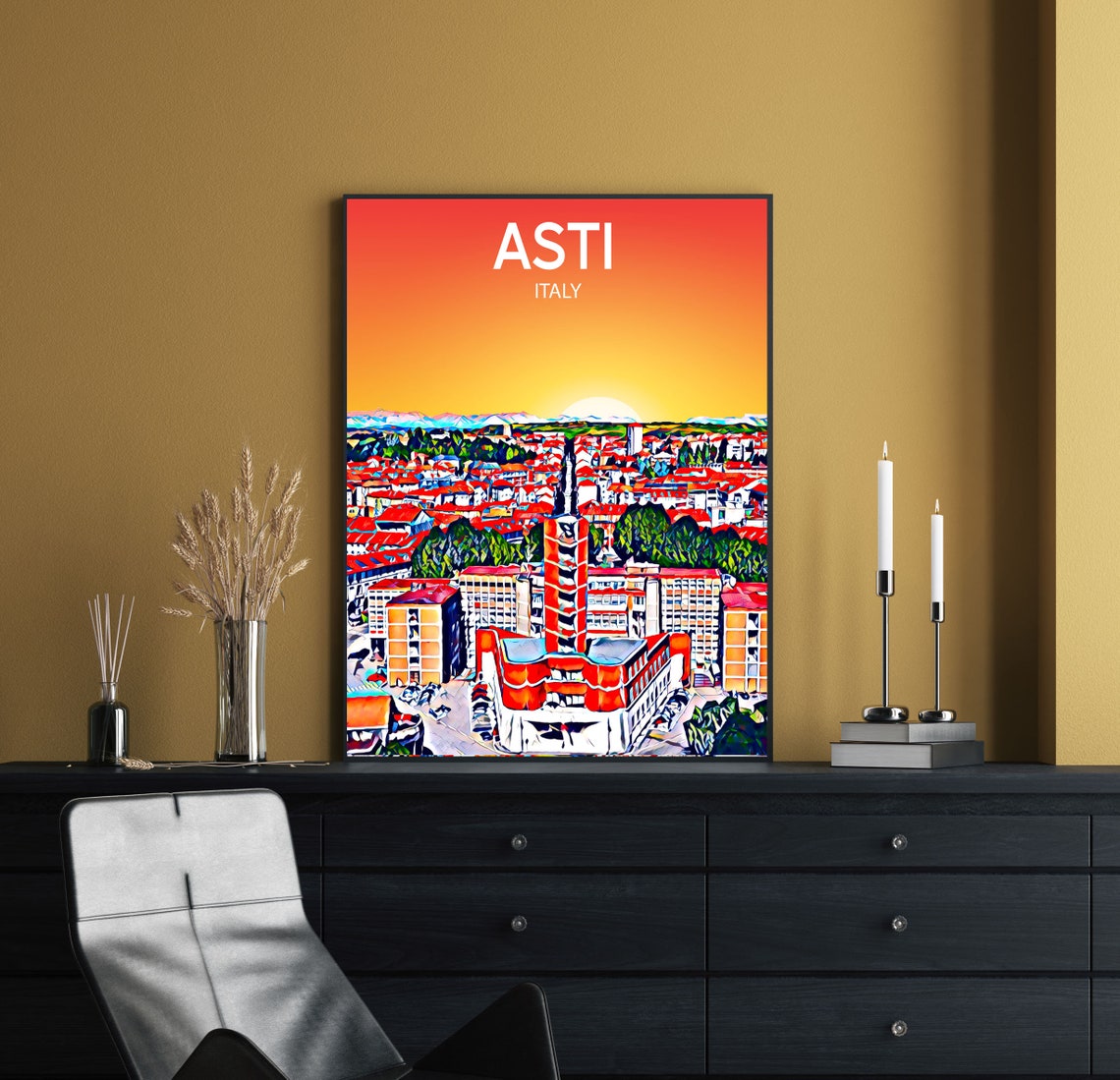 Asti Italy Sunset Skyline Red Roofs Sketch Travel Poster Art - Image 2