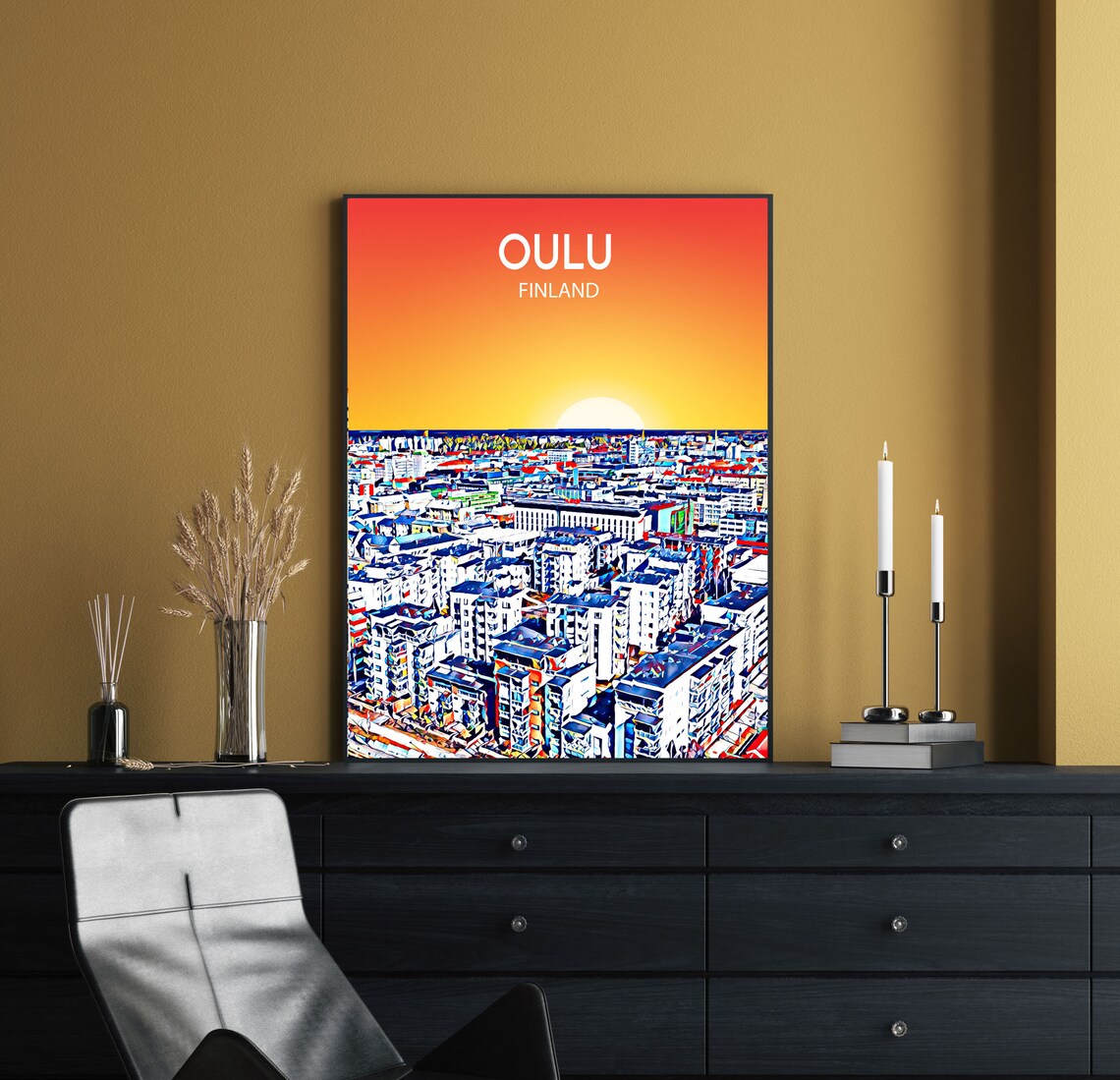 Oulu Finland City Center Apartment Towers Golden Sunset Skyline Poster - Image 2