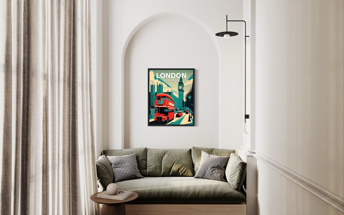 London United Kingdom Red Bus And Big Ben Vintage Travel Poster - Image 2