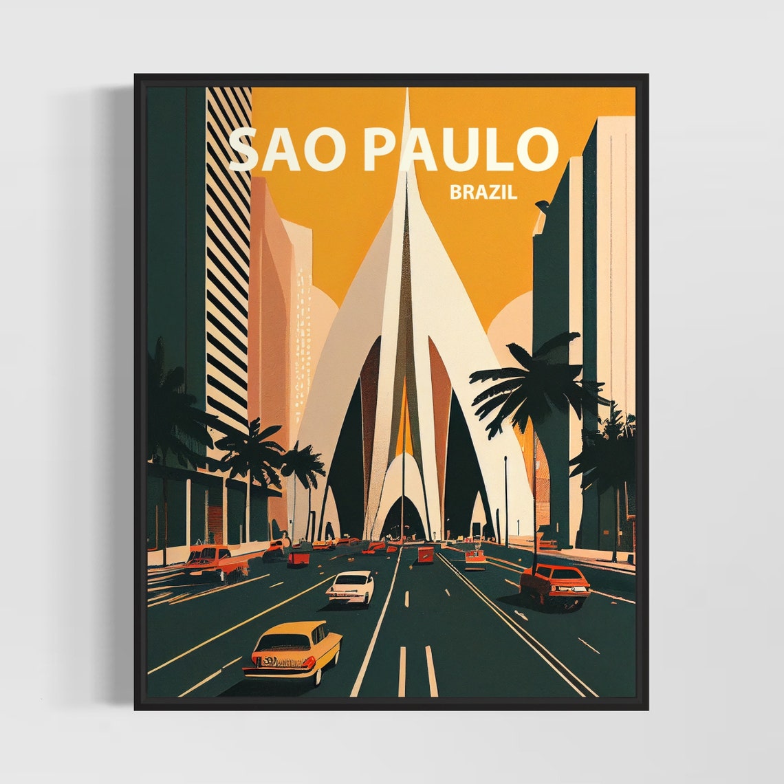 Sao Paulo Brazil Retro Cable Stayed Bridge Evening Traffic Poster