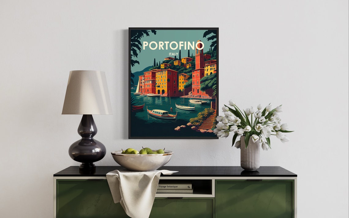 Portofino Italy Retro Art Print Portofino Italy Wall Art Illustration Portofino Italy Vintage Minimal Design Poster - Image 2