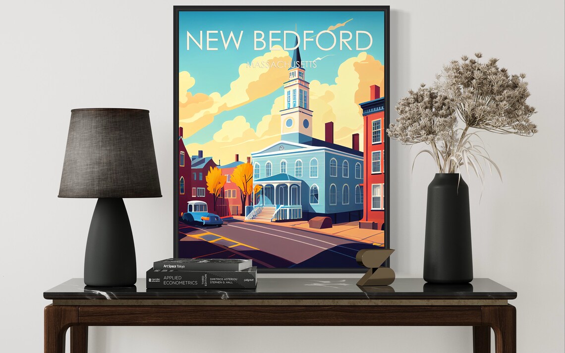 New Bedford Massachusetts Church Vintage Car Street Scene Poster - Image 2