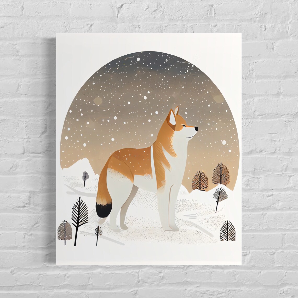 Shiba Inu in a Snowy Night Landscape Under a Starry Sky Art Poster