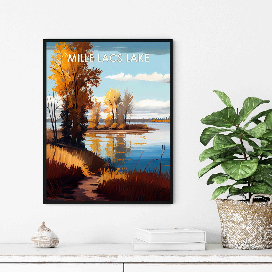 Mille Lacs Lake Minnesota Retro Poster with Golden Trees by the Water - Image 3