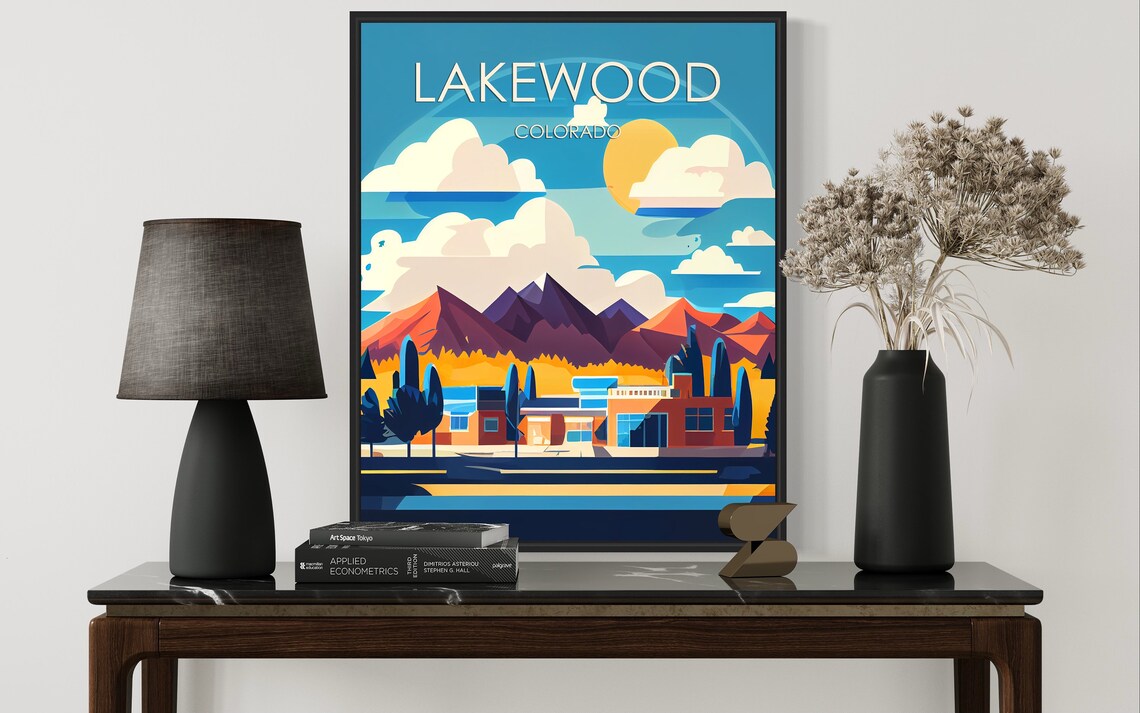 Lakewood Colorado Retro Sunrise Skyline with Mountain Peaks Poster - Image 2