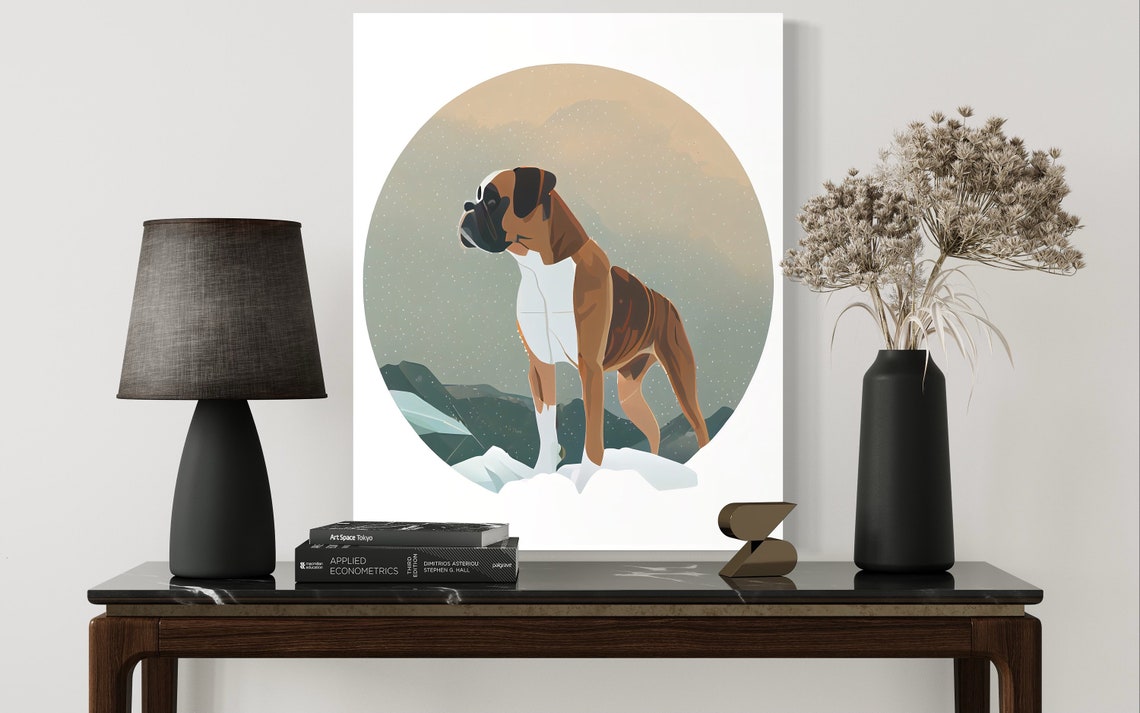 Brindle Boxer Dog Standing in Snowy Mountains Circle Art Poster - Image 2