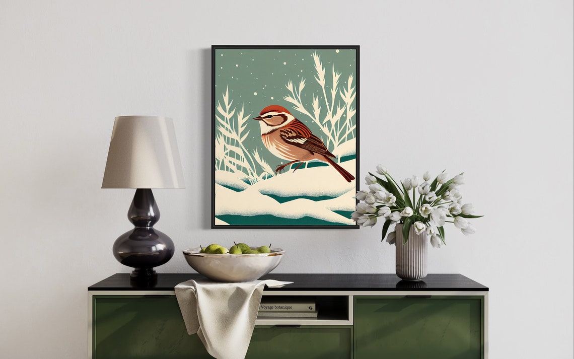 Charming Winter Sparrow in Falling Snow Vintage Bird Art Poster - Image 2