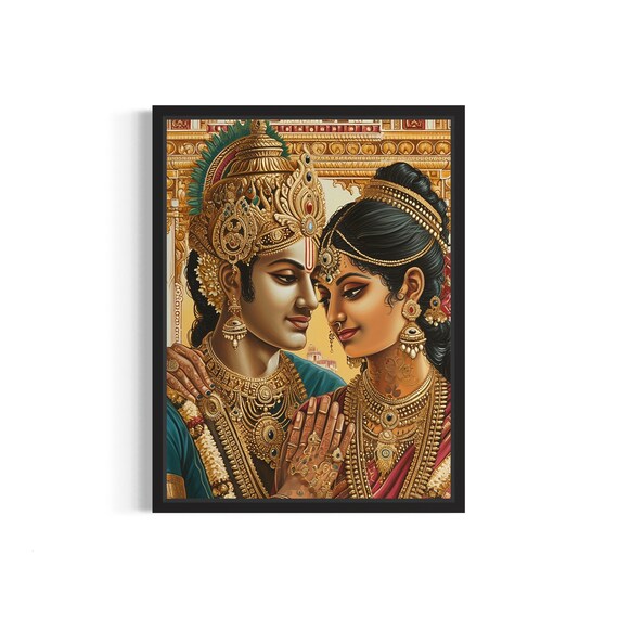 Divine Hindu Couple in Gold Crowns and Bridal Jewels Tanjore Poster