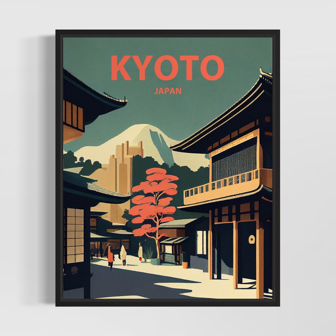 Kyoto Japan Historic Street Temples Red Maple Autumn Travel Poster