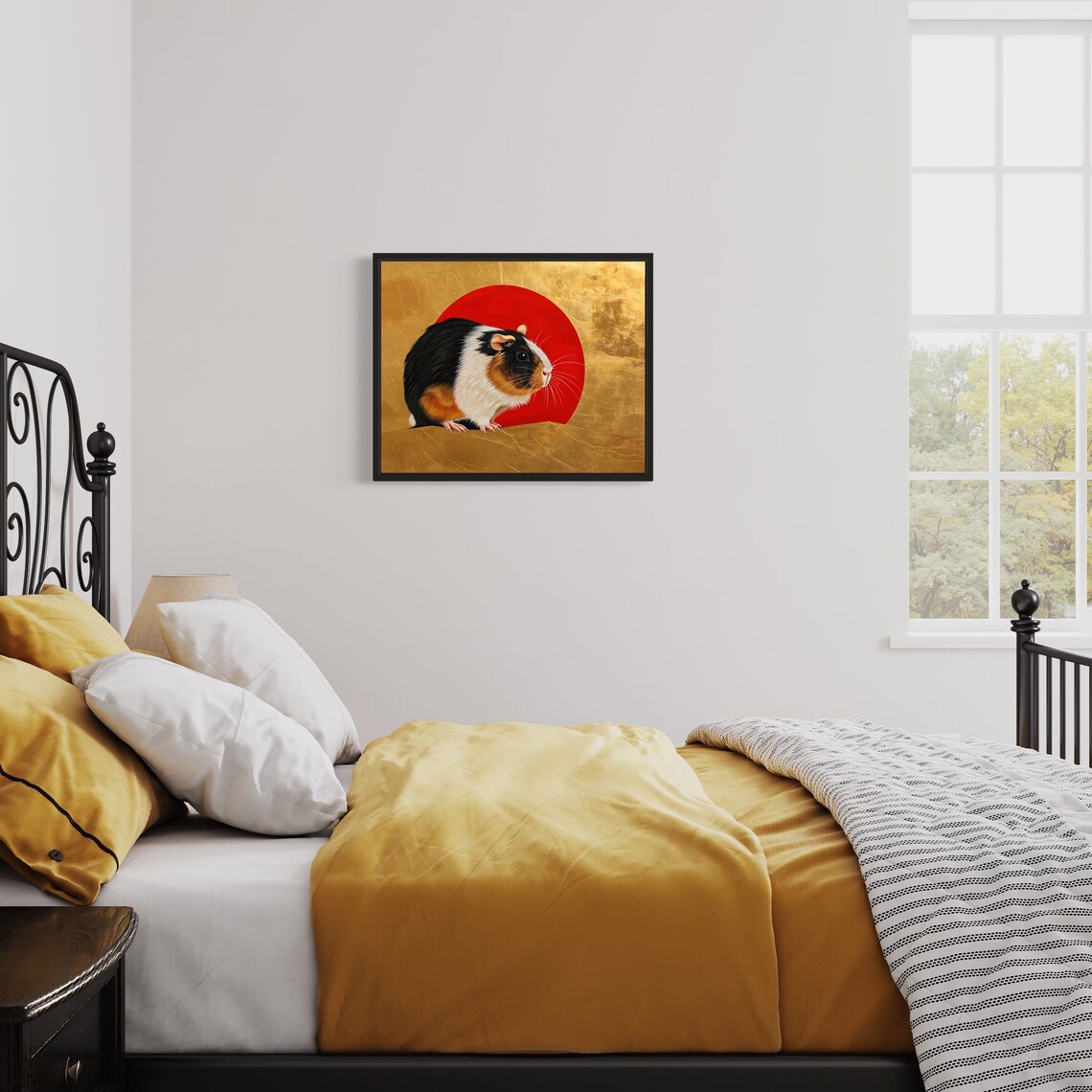 Tricolor Guinea Pig Portrait Against Red Sun Asian Gold Poster - Image 3
