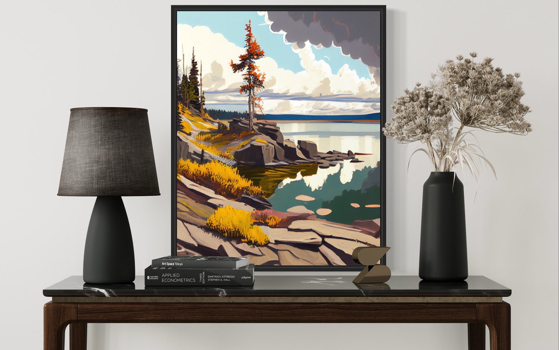 Autumn Lakeside Rocky Shore Golden Trees Vintage Style Poster - Image 2