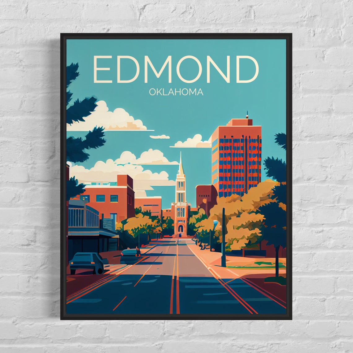 Edmond Oklahoma Retro Downtown Street Church Steeple Art Poster