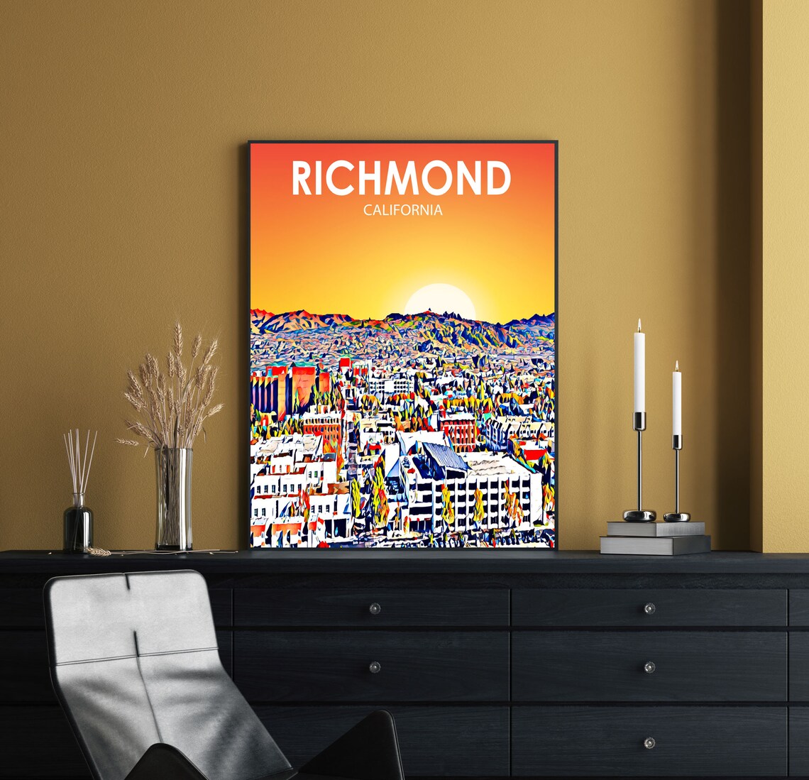 Richmond California Sunset Cityscape Vibrant Pop Art Sketch Poster - Image 2