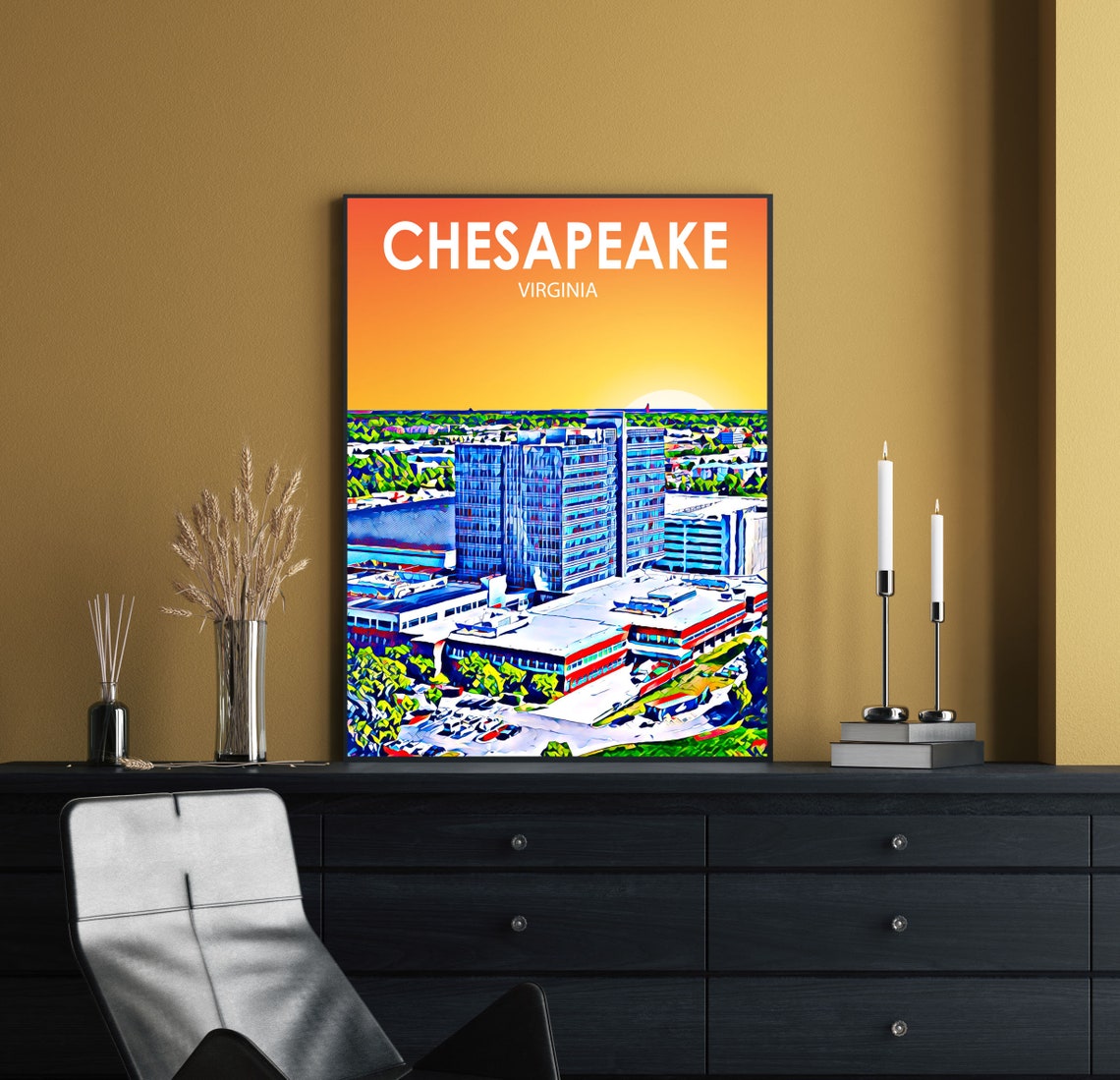 Chesapeake Virginia Sunset Modern Glass Towers Skyline Poster - Image 2