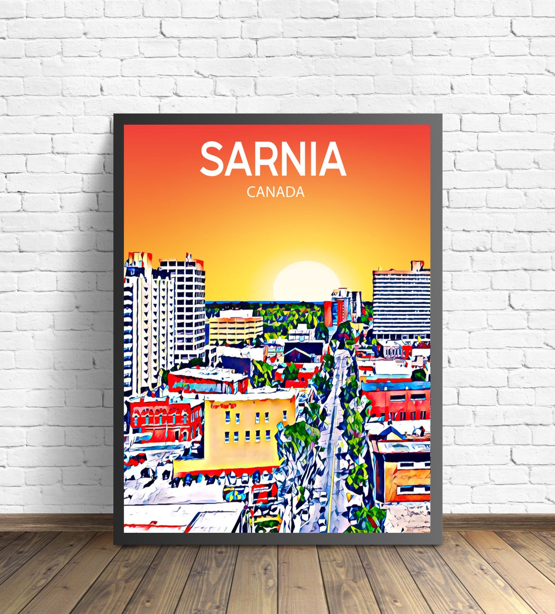 Sarnia Canada Sunset Cityscape Downtown Street Skyline Art Poster