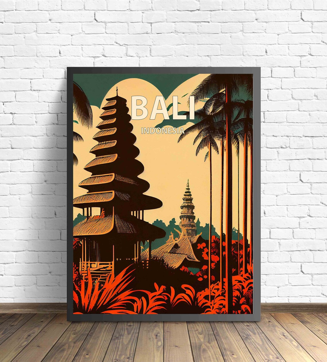 Bali Indonesia Balinese Temple Silhouette Palm Grove Travel Poster