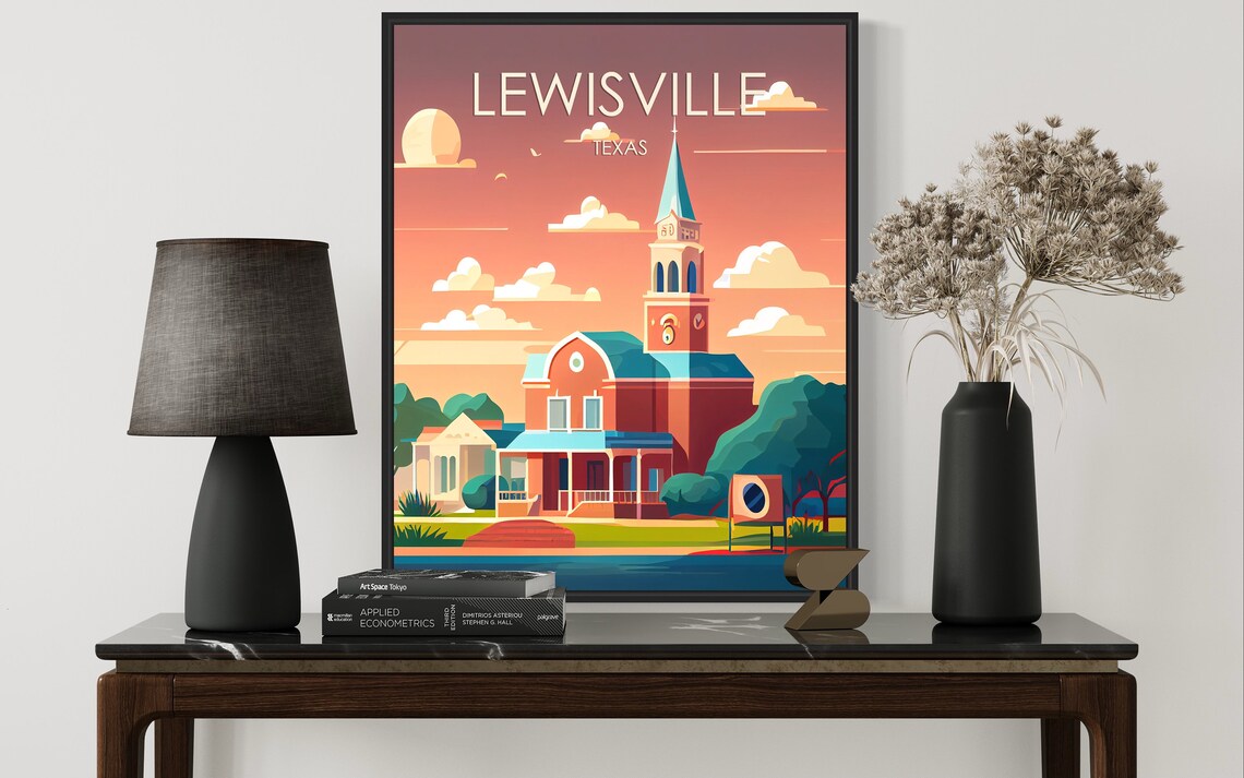 Lewisville Texas Sunset Church Steeple Retro Travel Art Poster - Image 3