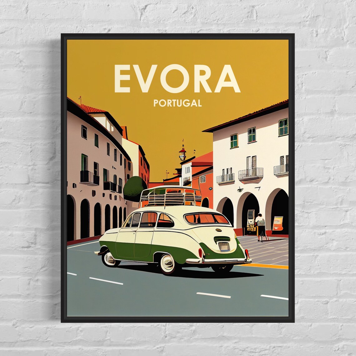 Evora Portugal Retro Street with Classic Car Vintage Travel Poster