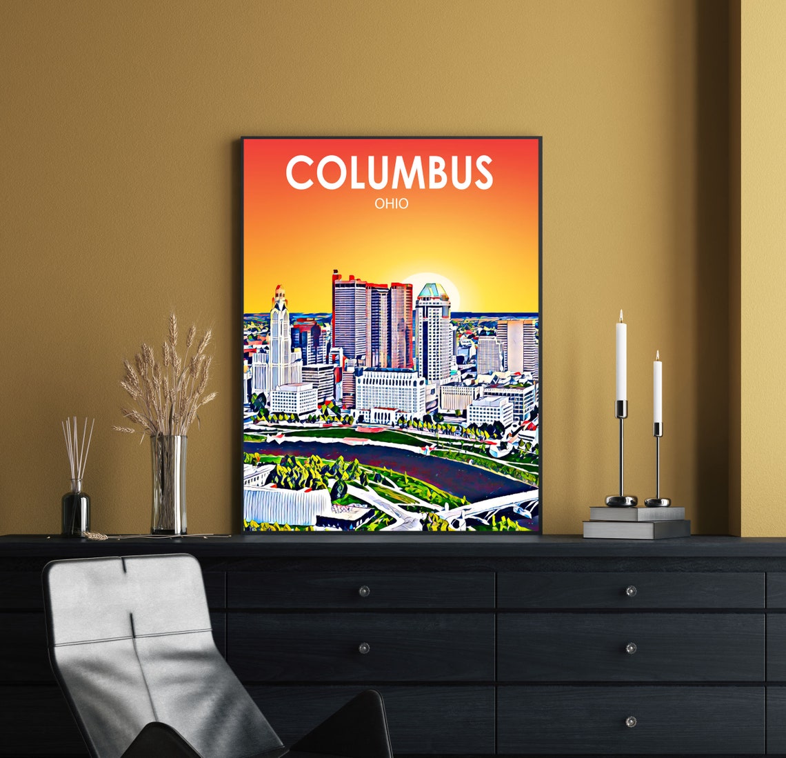 Columbus Ohio Sunset Skyline River Downtown Sketch Art Poster - Image 2