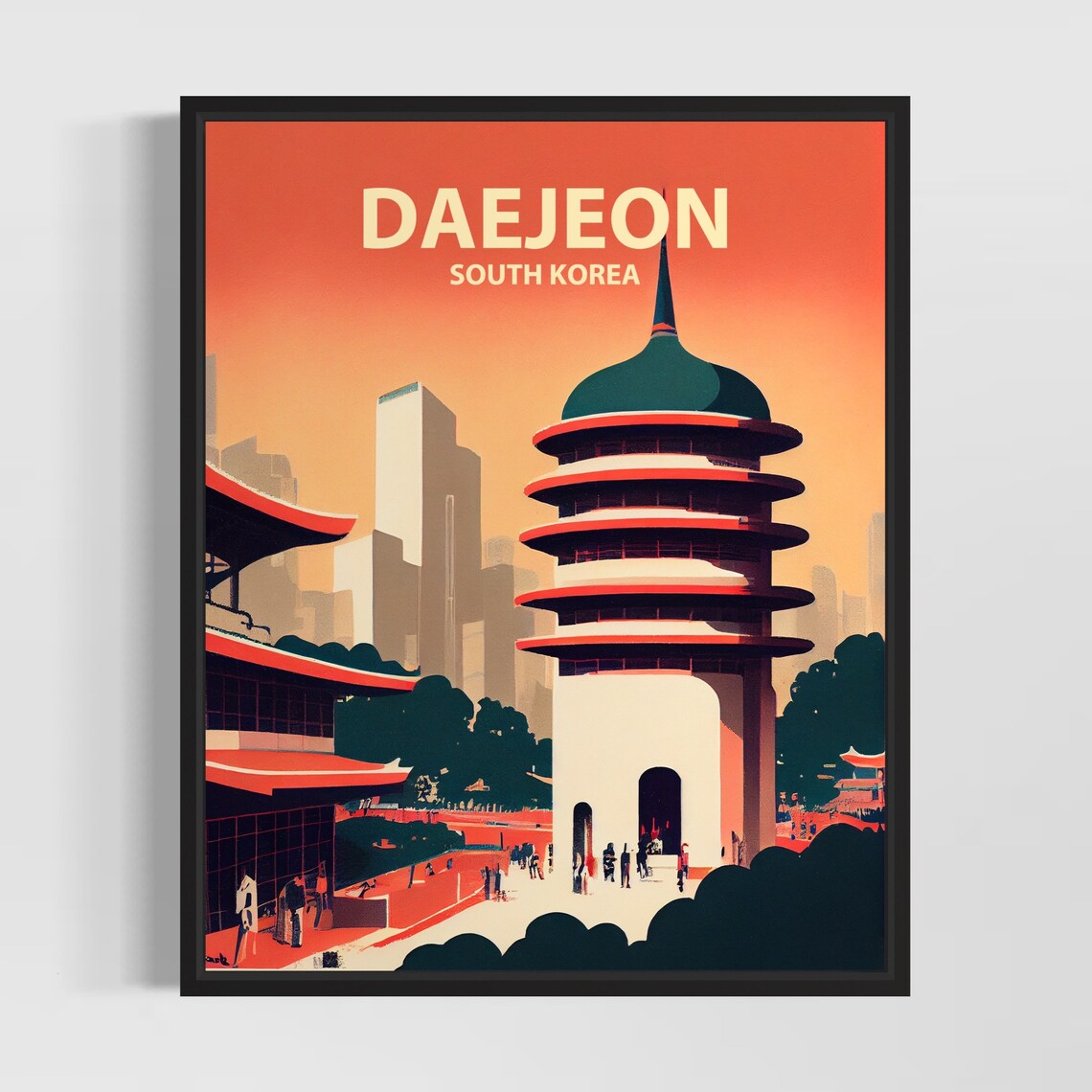Daejeon South Korea Pagoda Tower Plaza Retro Travel Art Poster