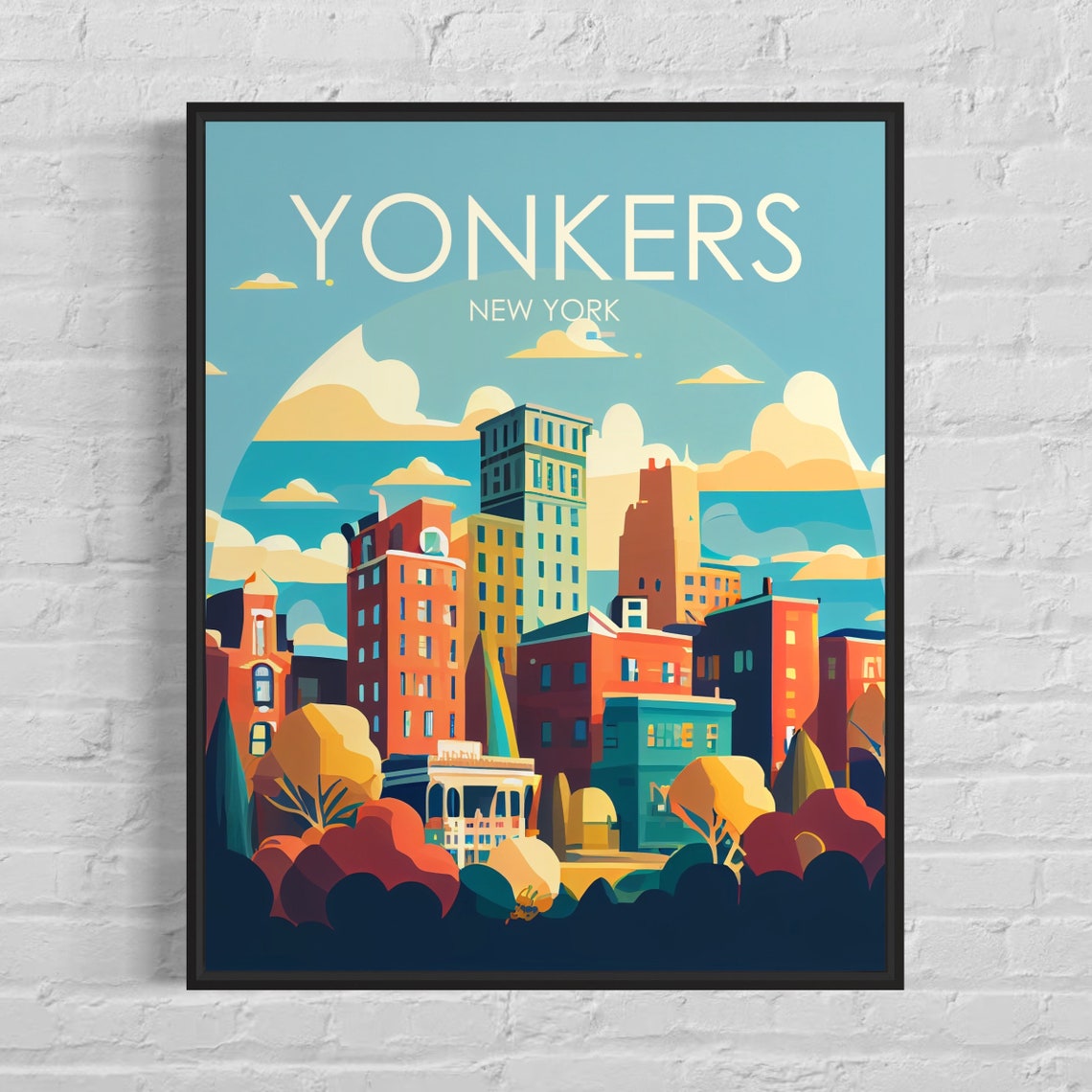 Yonkers New York Retro City Skyline Golden Summer Clouds Poster