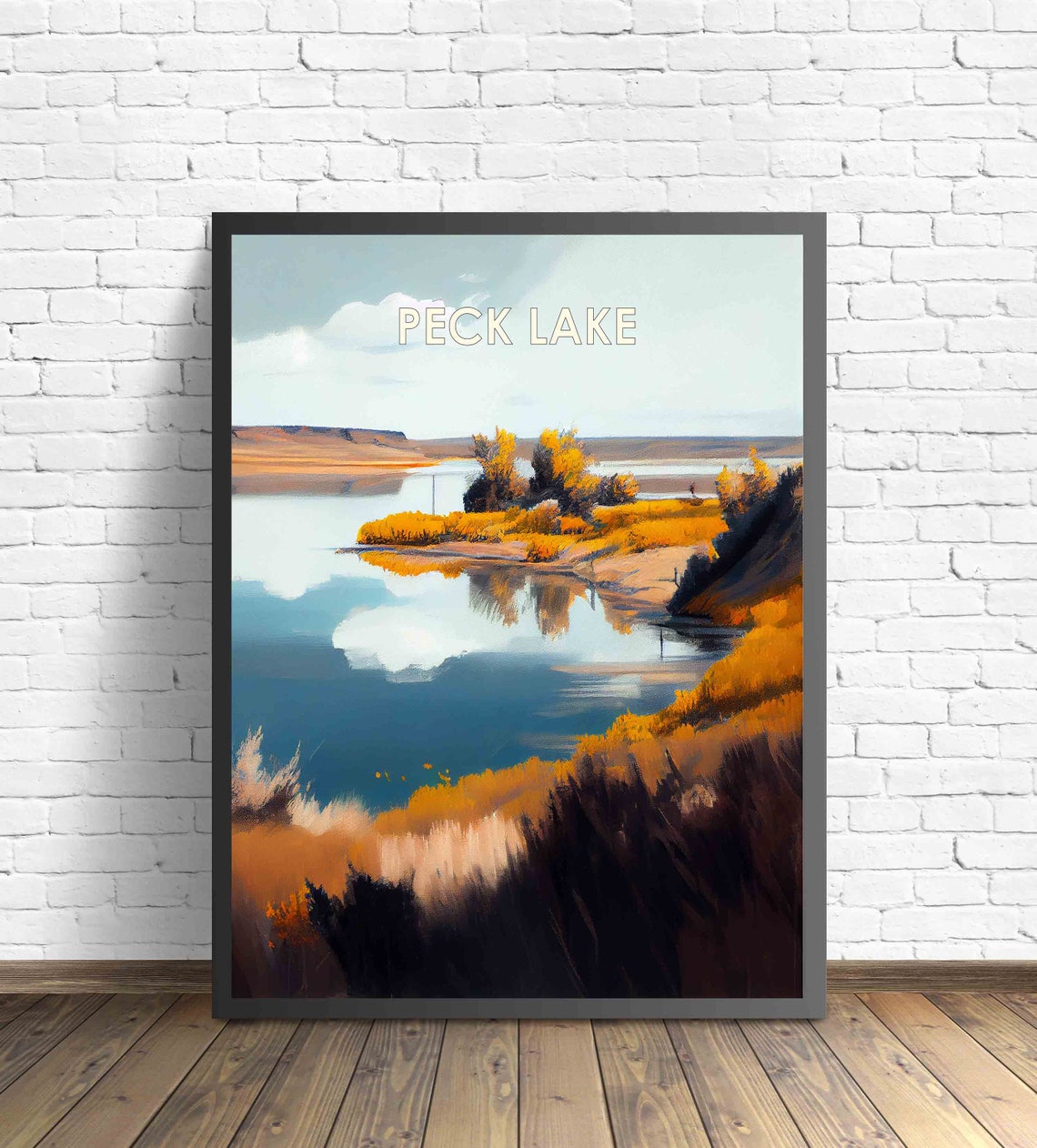 Peck Lake Montana Retro Poster with Golden Reflections and Grasslands