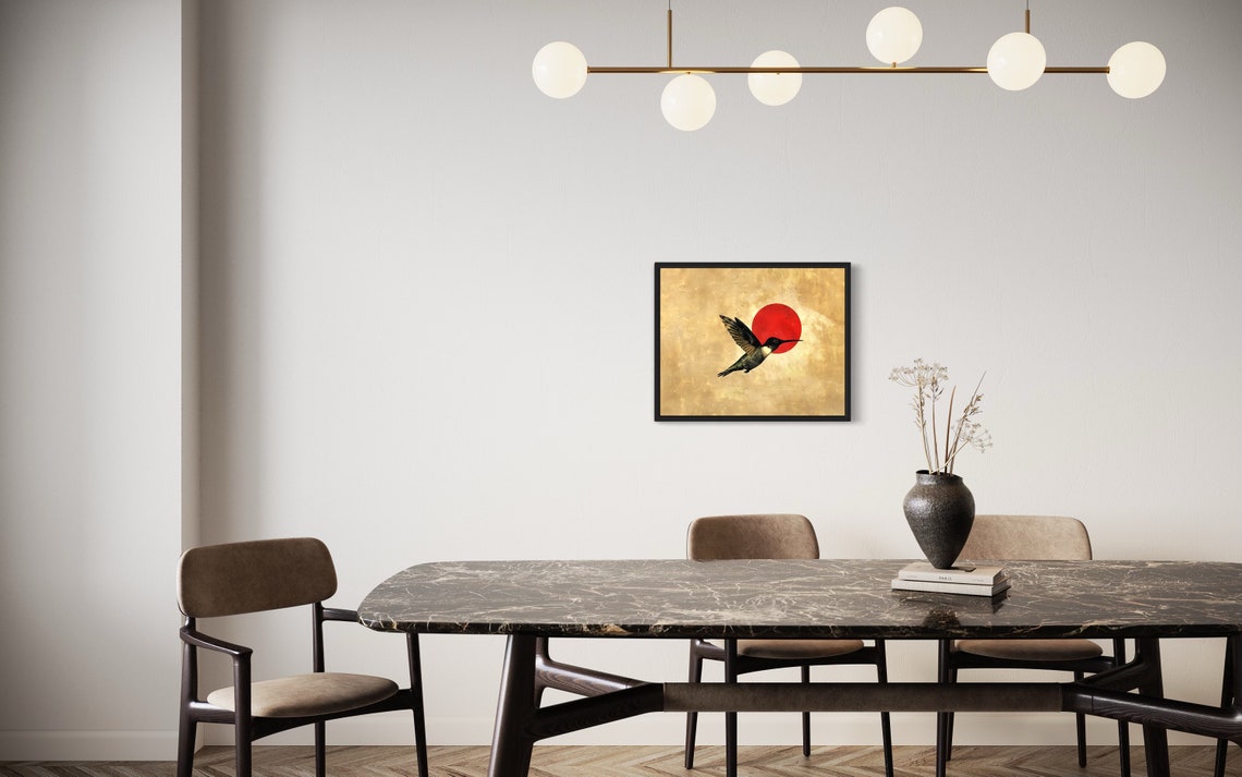 Hummingbird Hovering Before Red Sun Gold Leaf Nature Art Poster - Image 2