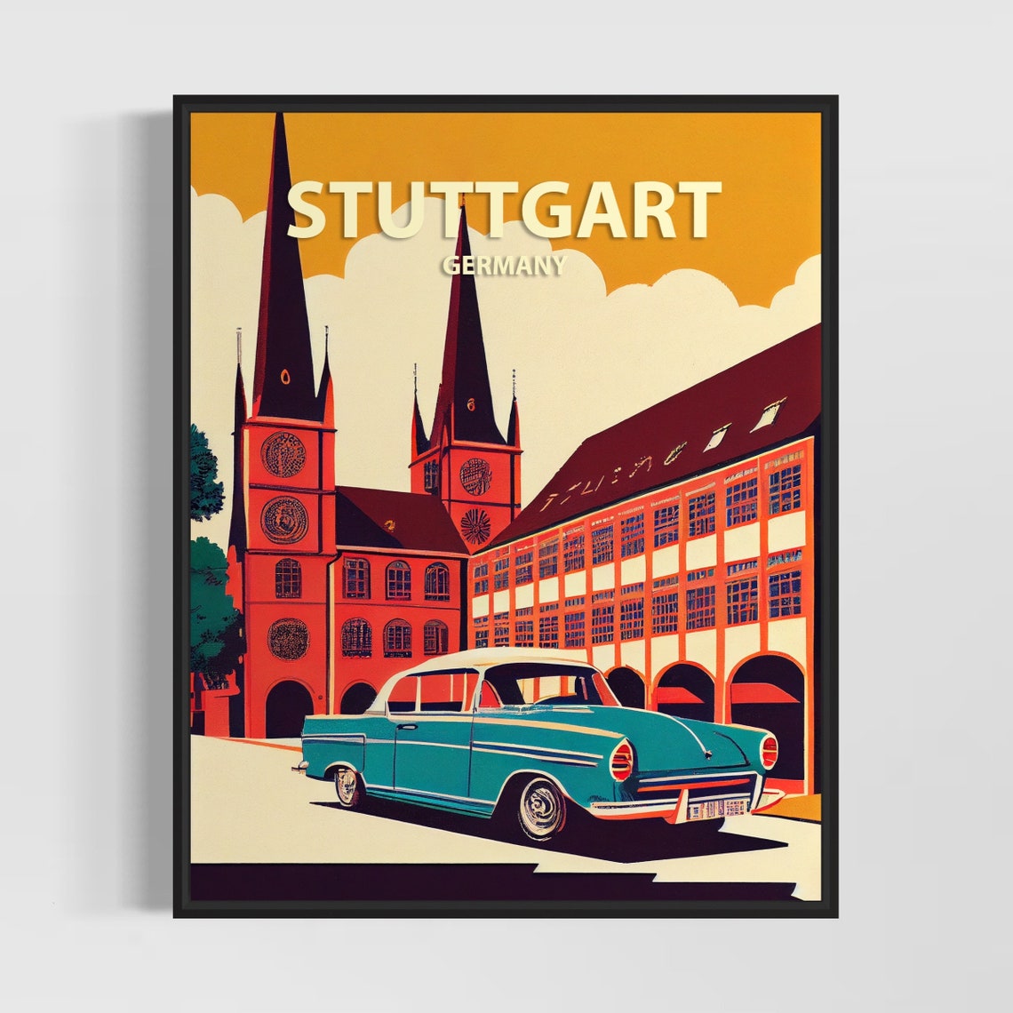 Stuttgart Germany Twin Church Spires Vintage Classic Car Retro Poster