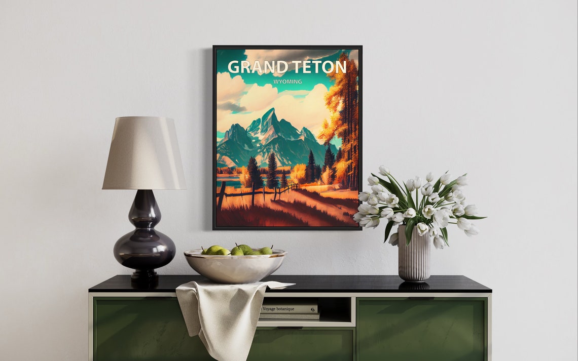 Grand Teton Wyoming Retro Art Print Grand Teton Wall Art Painting Grand Teton Vintage Minimal Design Poster - Image 3