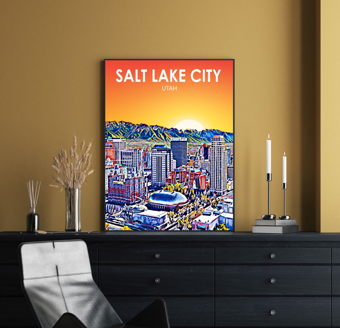 Salt Lake City Art Poster Utah Sunset Landscape Poster Print Salt Lake City Framed Wall Art Colorful Skyline Sketch Photo - Image 2