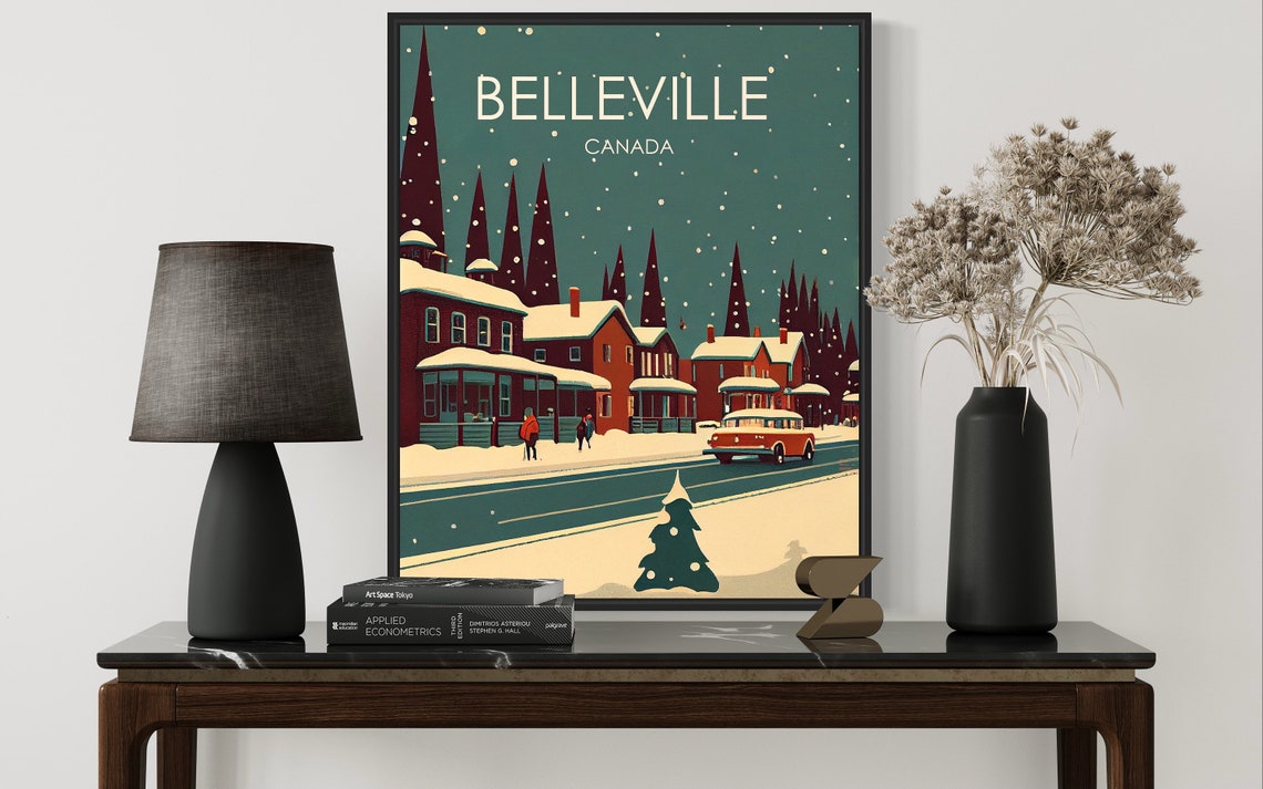 Belleville Canada Snowy Main Street Winter Night Vintage Poster - Image 3