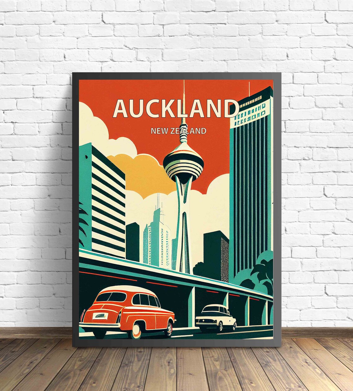 Auckland New Zealand Sky Tower Vintage Cars Retro Travel Poster - Image 3