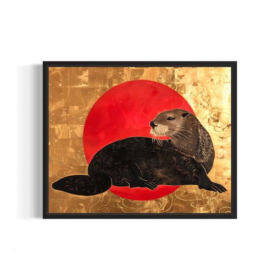 Sea Otter Art Print Red And Gold Wall Art Decoration Artwork